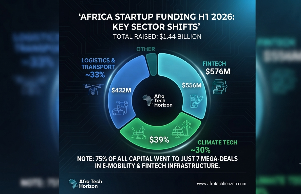 This infographic provides a clean, high-tech snapshot of the H1 2026 funding landscape, visualizing the dominance of Fintech, Logistics, and the explosive growth of Climate Tech.