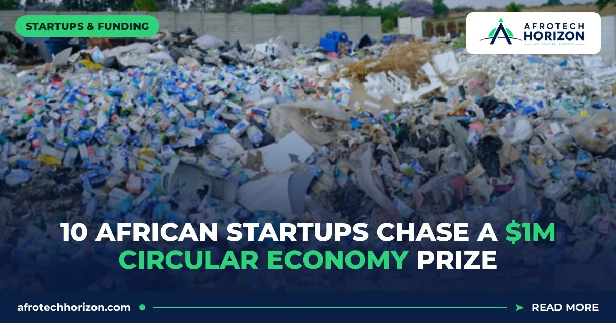 A heap of discarded plastic bottles and packaging at a dump site, under a navy gradient with the headline about 10 African startups and a $1M circular economy prize
