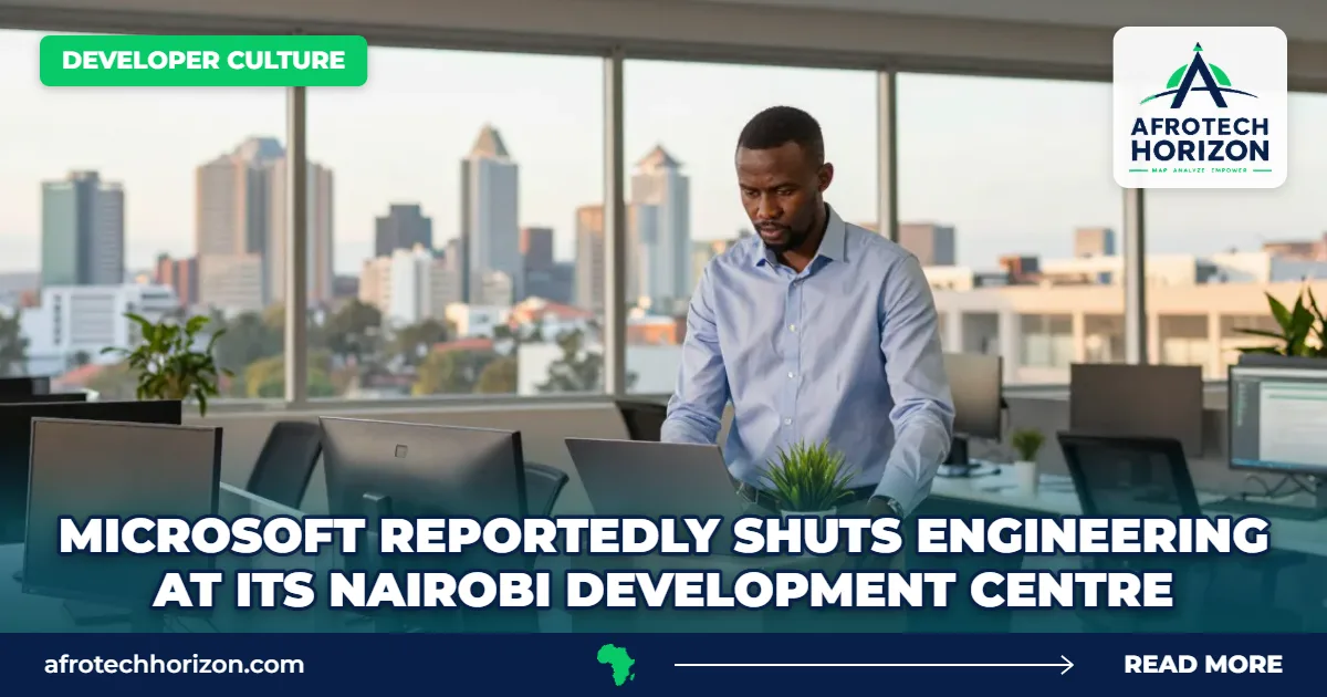 An engineer packs a potted plant into a box at his desk in a near-empty Nairobi office, beside the AfroTech Horizon logo and headline.