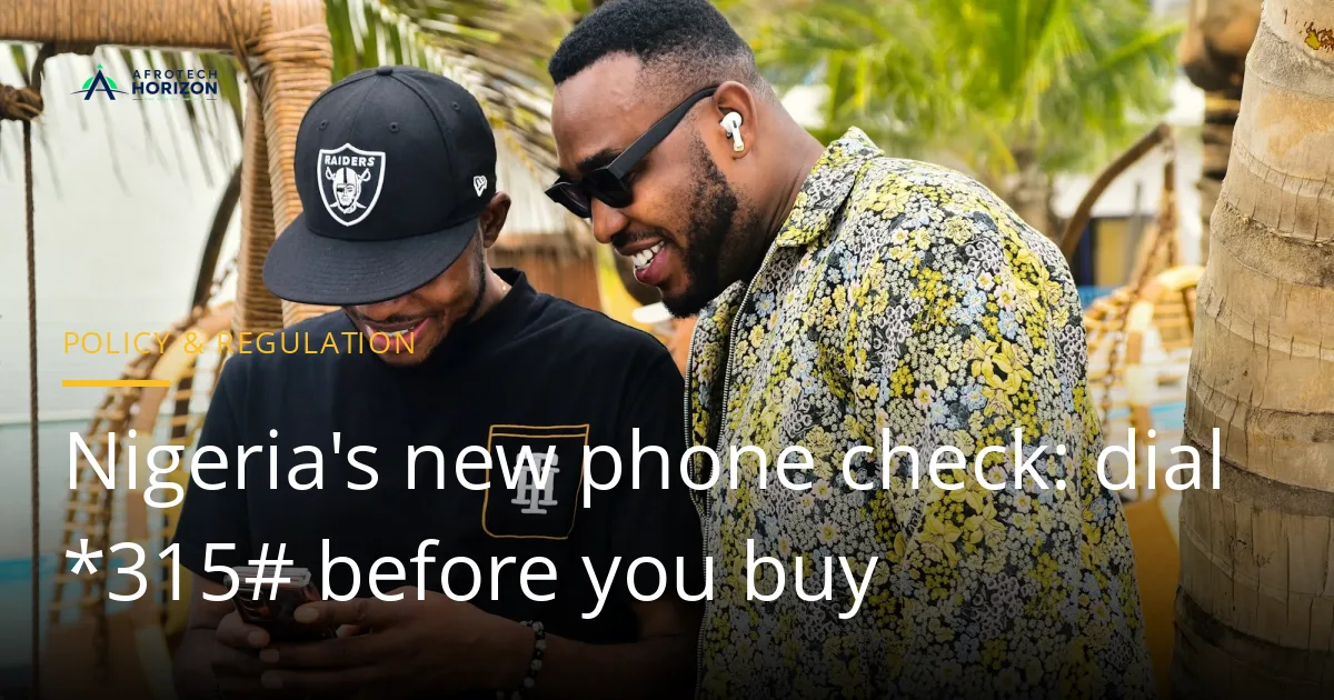 Two men in Lagos looking at a smartphone screen together, with the Afrotech Horizon logo and the headline over the photo