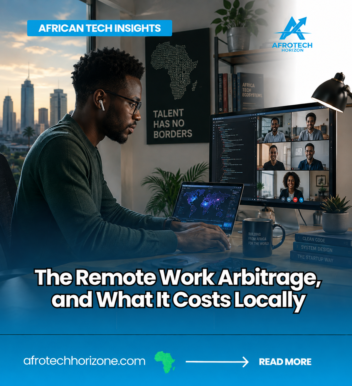 African software engineer working remotely from a modern home office while collaborating with an international team on a video call, illustrating the opportunities and local challe