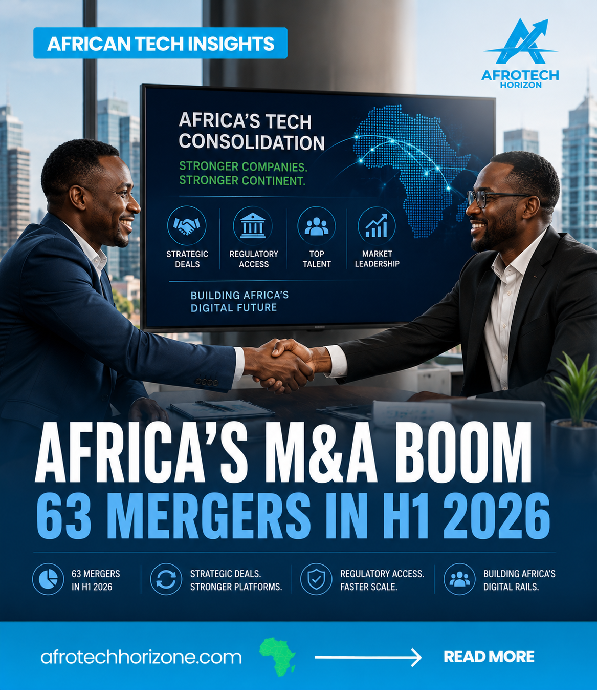 Two African technology executives shake hands after a merger agreement, representing the rapid growth of mergers and acquisitions across Africa's technology ecosystem.