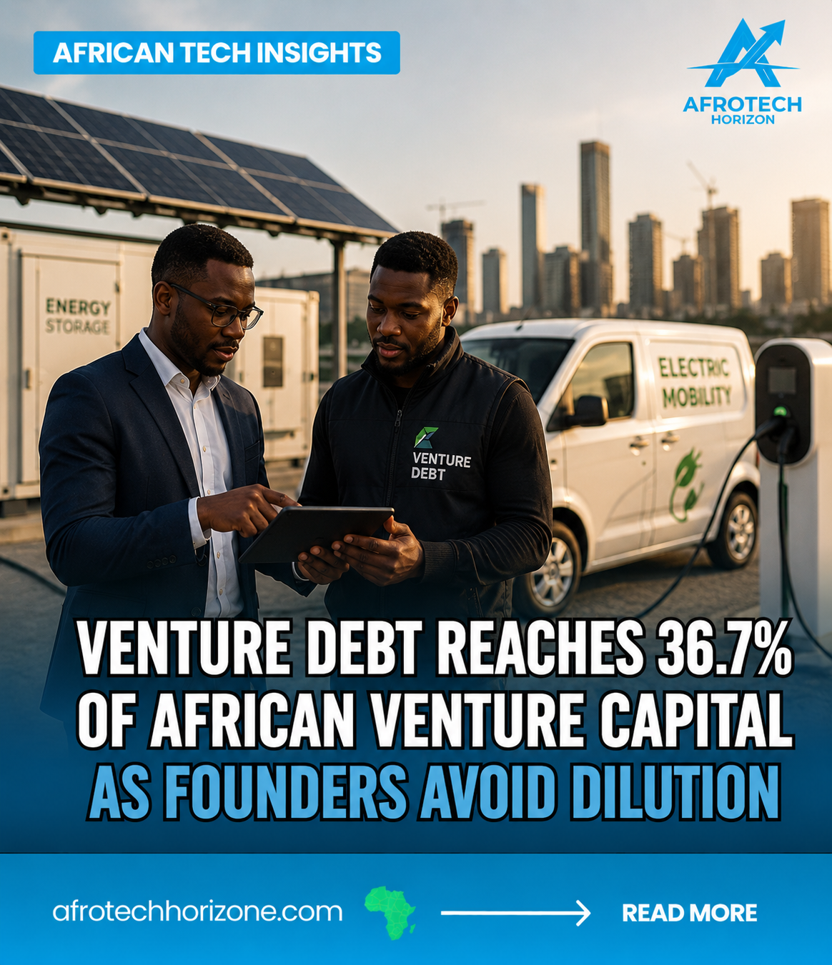 Two African business professionals review financing plans beside clean energy infrastructure, representing the rise of venture debt for asset-backed startups.