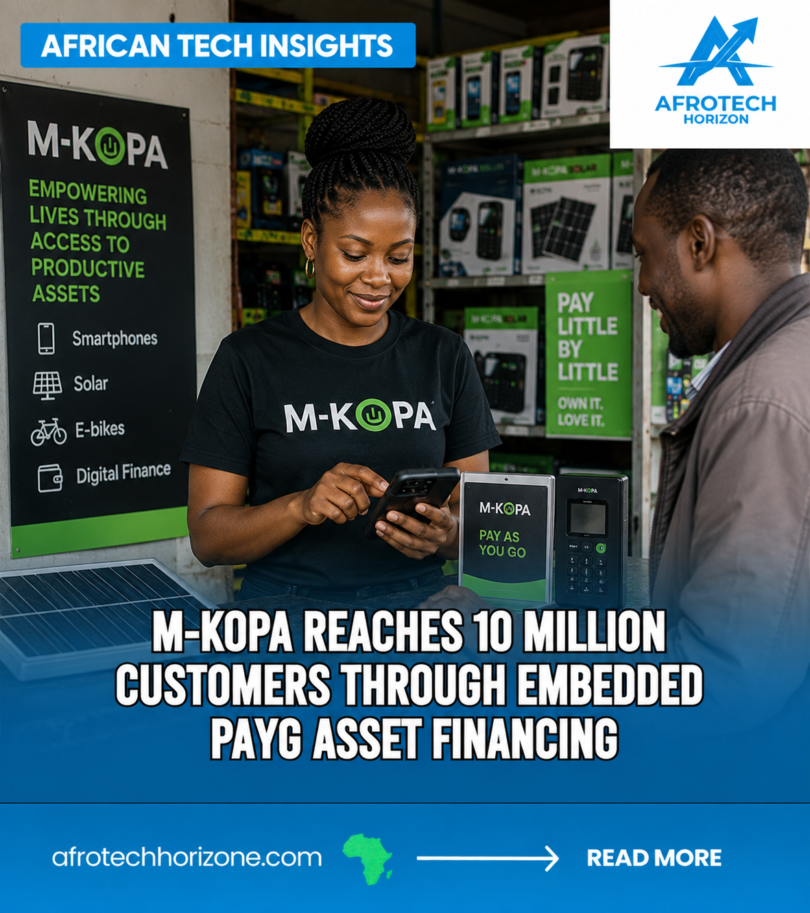 An M-KOPA agent assists a customer purchasing a smartphone through the company's pay-as-you-go financing platform.