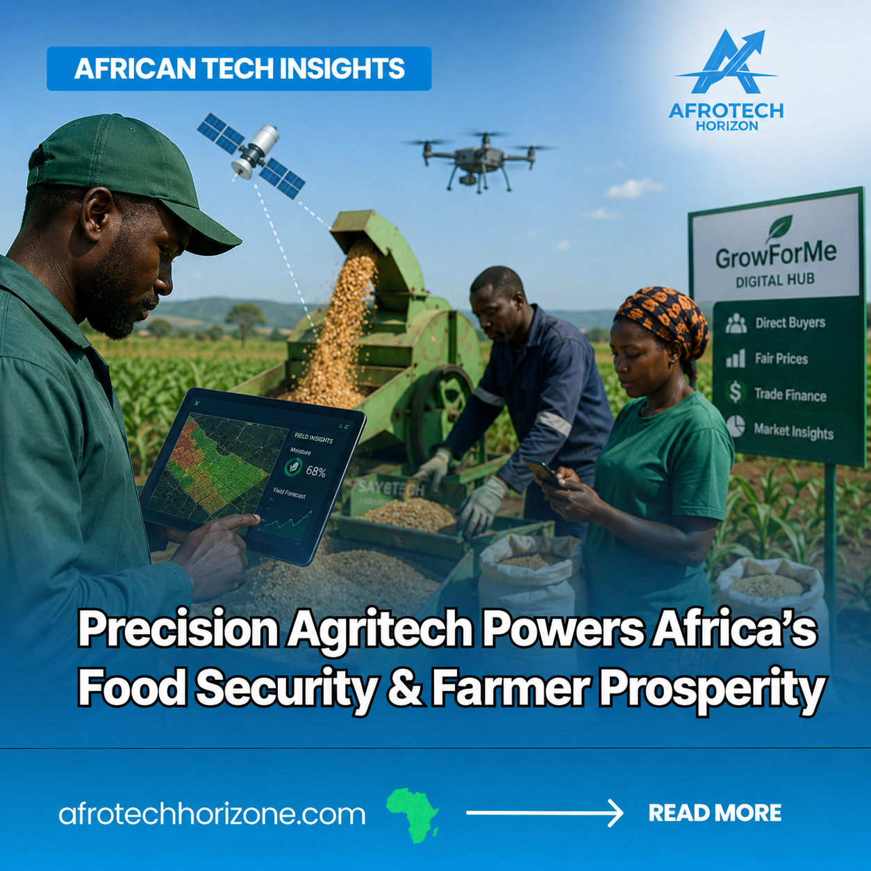 African farmers using satellite data, digital farm analytics, smart agricultural machinery, and mobile technology to improve crop yields, reduce post-harvest losses, and connect sm