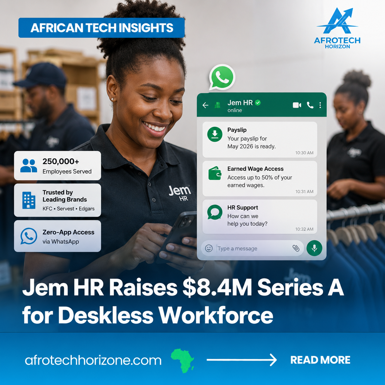 Jem HR WhatsApp-based HR platform helping South African deskless and frontline workers access digital payslips, earned wage access, employee services, and HR support without downlo