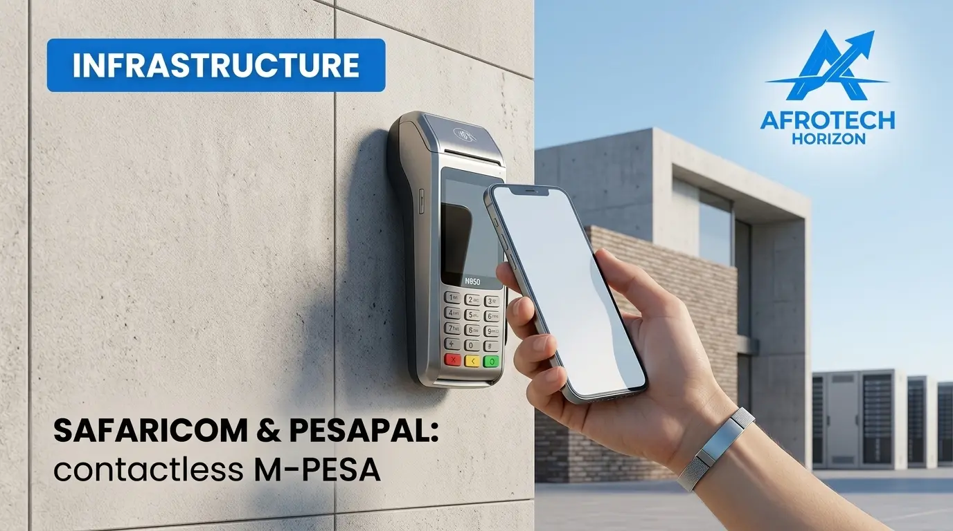 Hand holding a smartphone near a Pesapal POS terminal, with an AfroTech Horizon logo and Infrastructure tag.