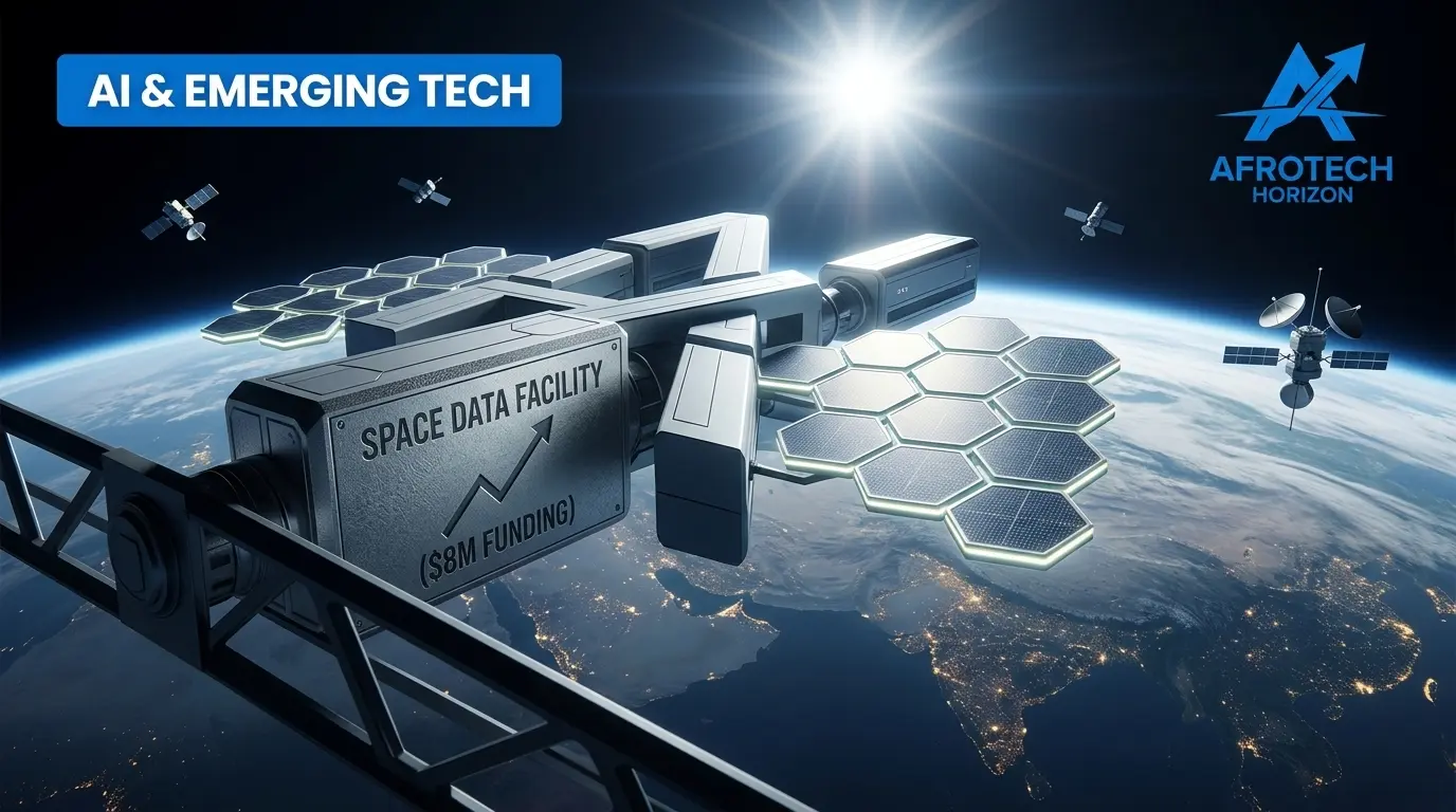 A satellite data facility with solar panels orbiting Earth, with an AfroTech Horizon logo and AI & Emerging Tech tag.