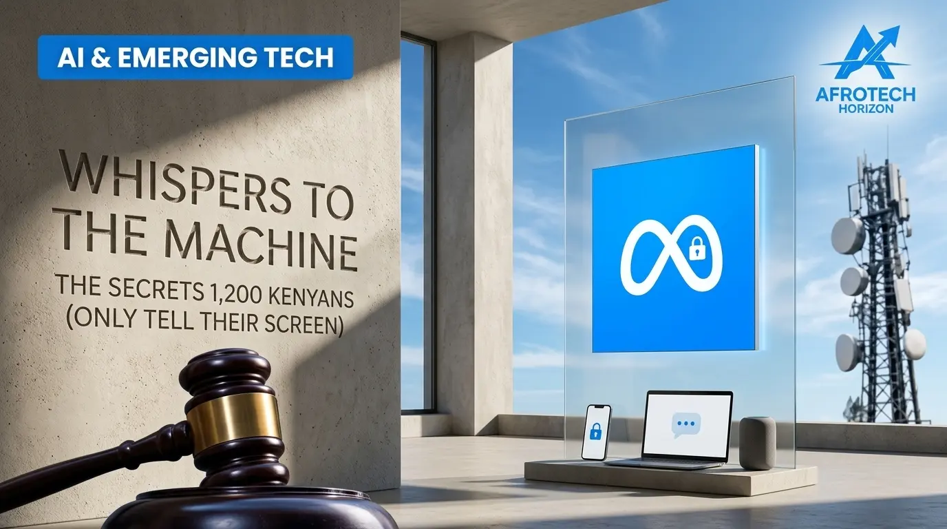A digital screen displaying a chatbot interface alongside a person in thought, with an AfroTech Horizon logo and AI & Emerging Tech tag.