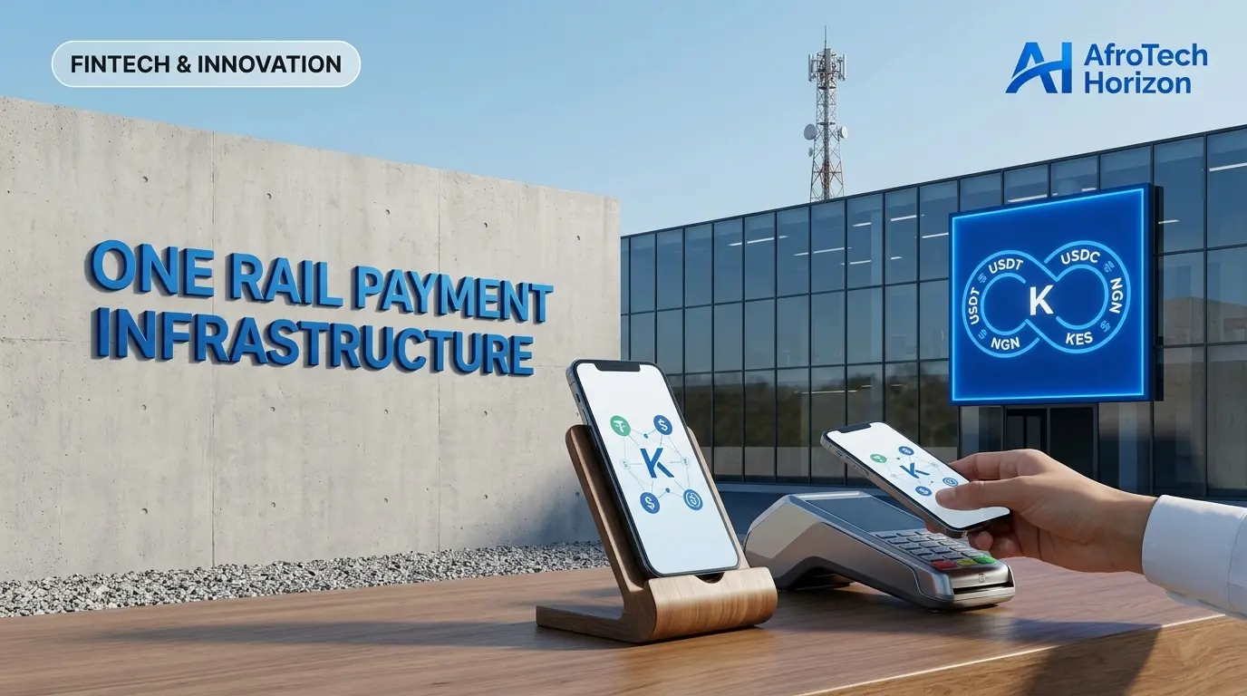 A digital currency icon displayed alongside a payment terminal on a concrete background, with an AfroTech Horizon logo and AI & Emerging Tech tag.