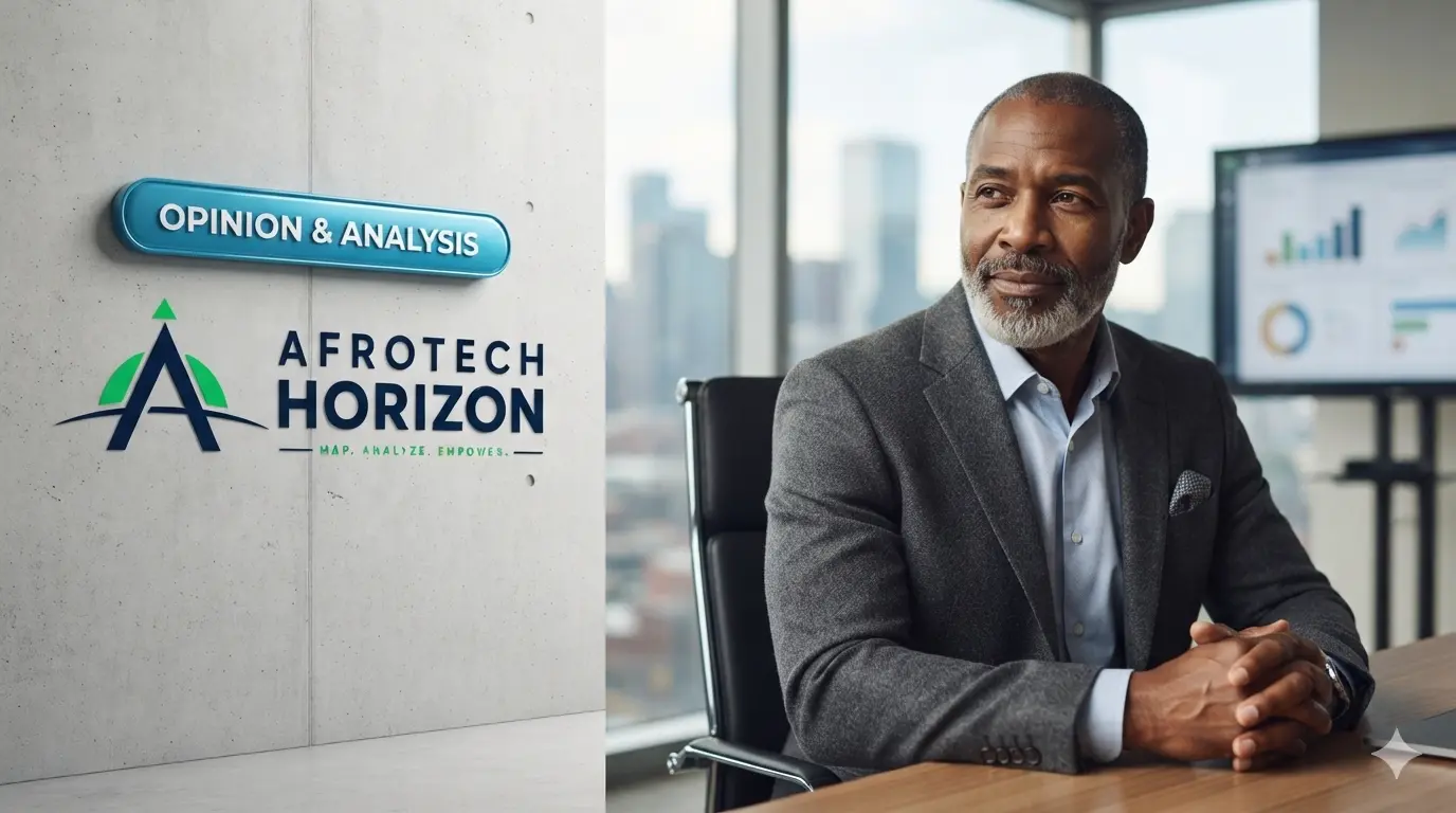 Experienced tech leader Lungi Sangqu reflects thoughtfully in an office; next to him, AfroTech Horizon logo and 'OPINION & ANALYSIS' badge on concrete wall.