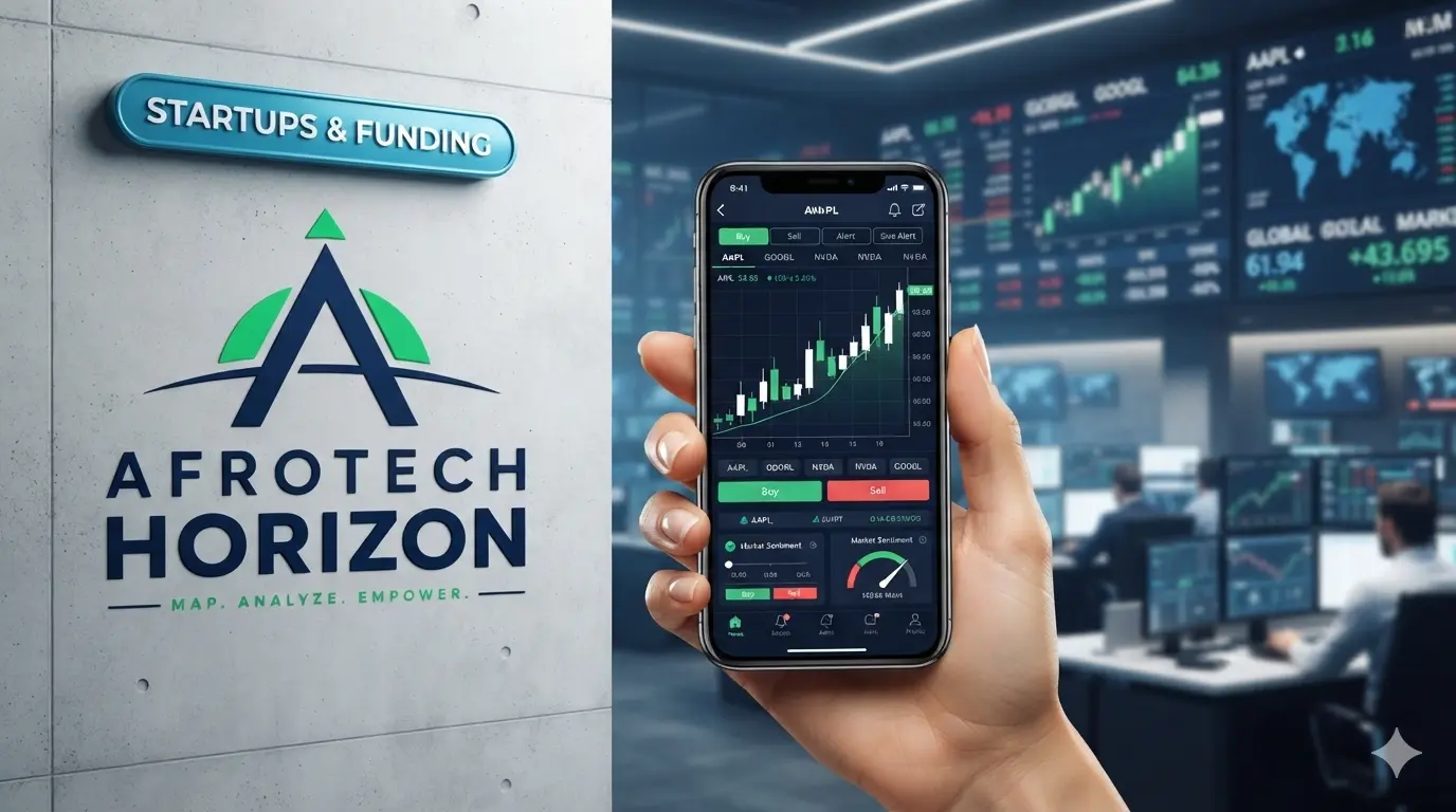 A smartphone displaying a stock trading app in front of an AfroTech Horizon logo and 'STARTUPS & FUNDING' badge, with a financial trading floor in the background.