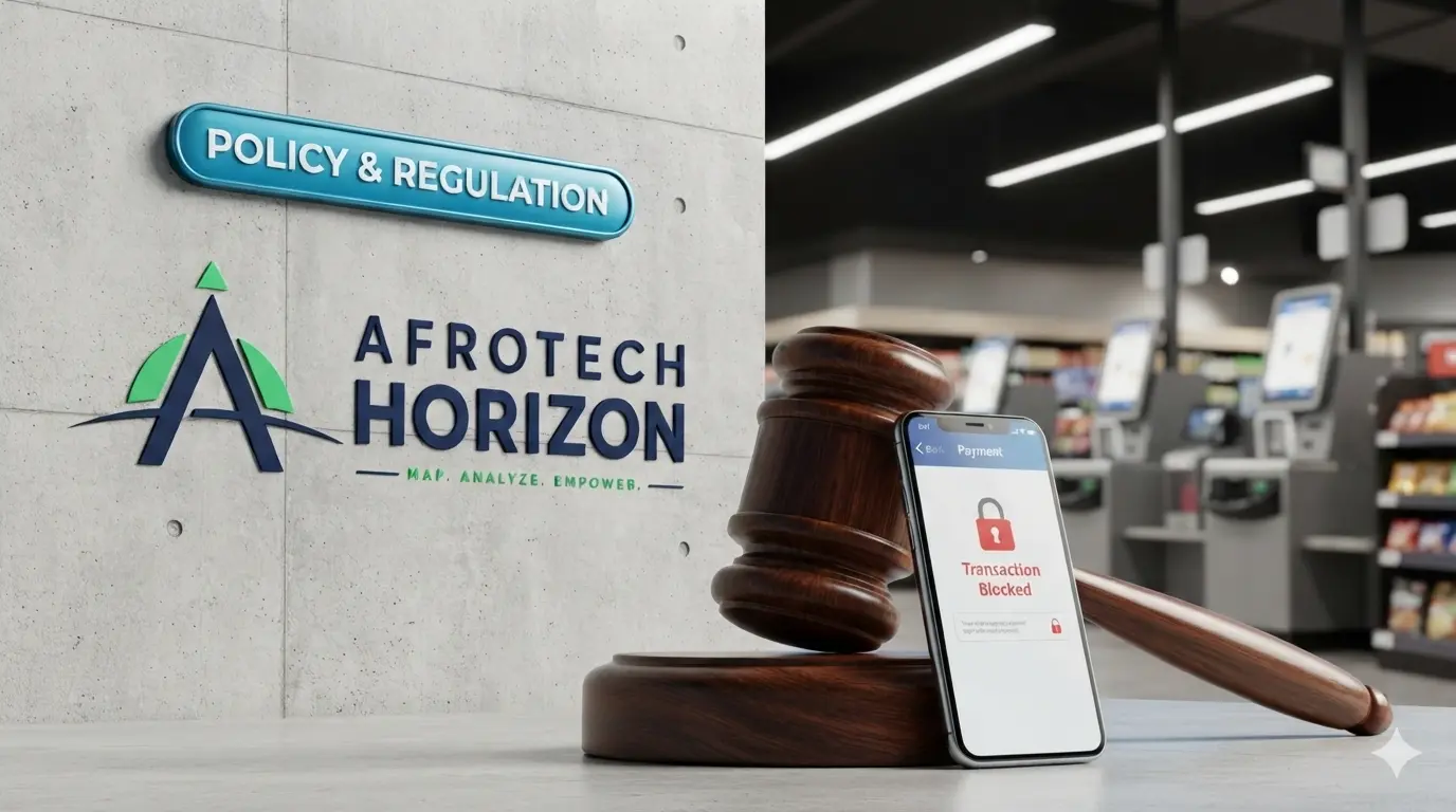 Gavel and smartphone displaying a locked payment screen in front of an AfroTech Horizon logo and 'POLICY & REGULATION' badge, with a retail store background.