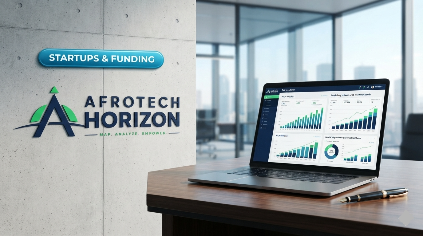 A laptop displaying financial return analytics and growth charts in front of an AfroTech Horizon logo and 'STARTUPS & FUNDING' badge, with an office background.