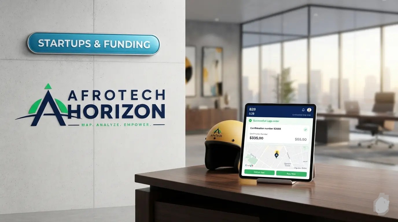 Editorial portrait of Glovo Nigeria Country Managing Director Reni Onafeko alongside the AfroTech Horizon logo and 'STARTUPS & FUNDING' badge.
