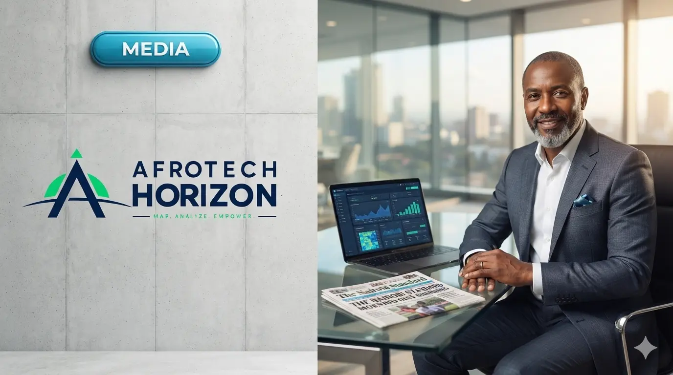 Editorial portrait of a media executive with a newspaper and digital analytics laptop in front of an AfroTech Horizon logo and 'MEDIA' badge.