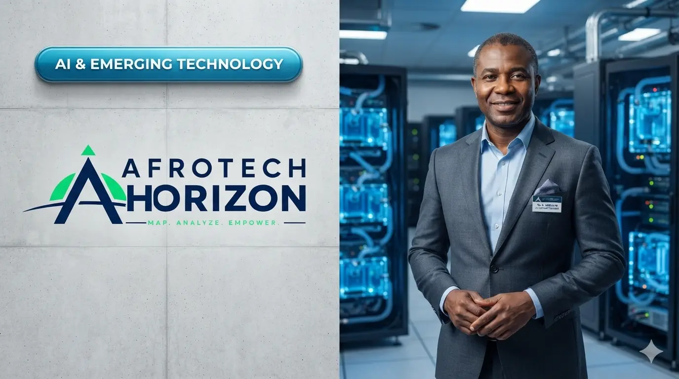 Editorial portrait of a supercomputer engineer in a high-tech server room in front of an AfroTech Horizon logo and 'AI & EMERGING TECHNOLOGY' badge.