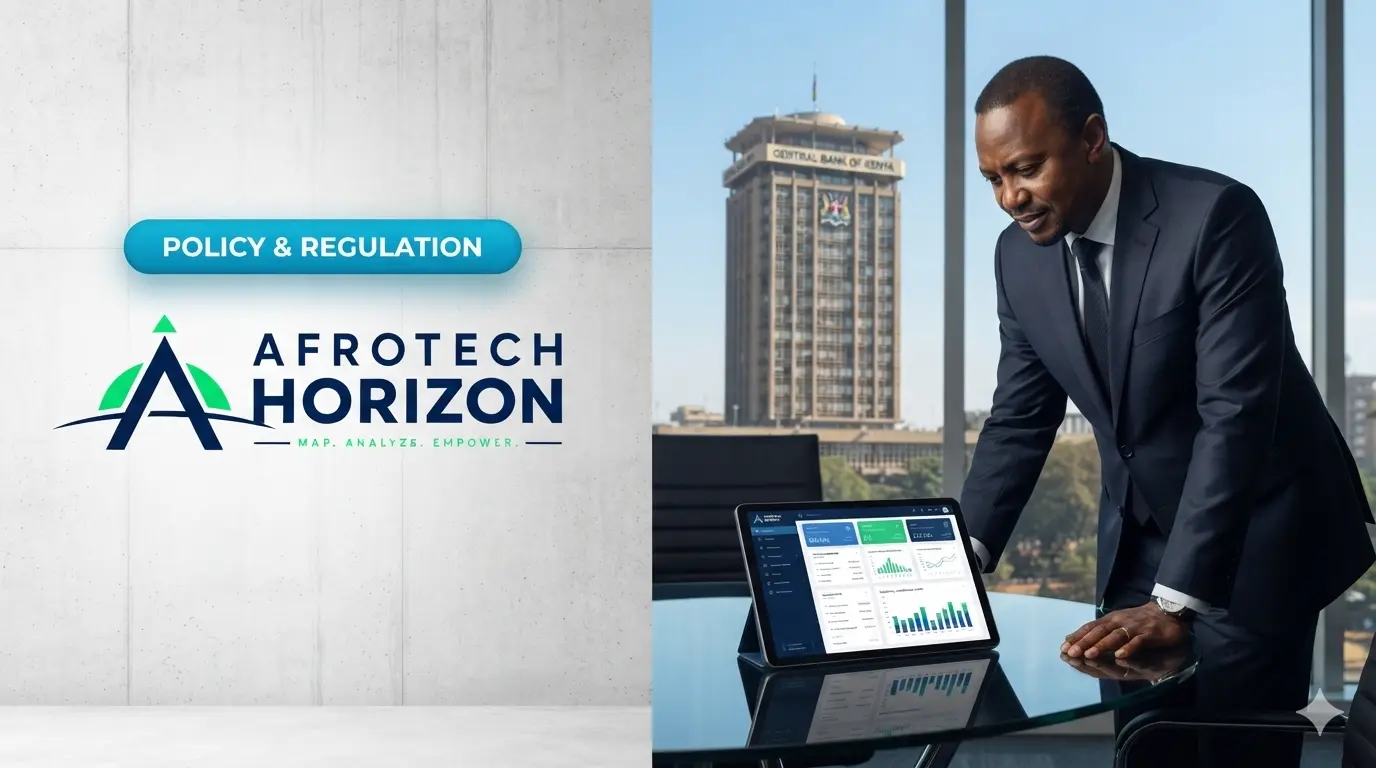 Editorial portrait of a Kenyan central bank official reviewing digital fintech compliance charts on a tablet in front of the Central Bank building, alongside the AfroTech Horizon l