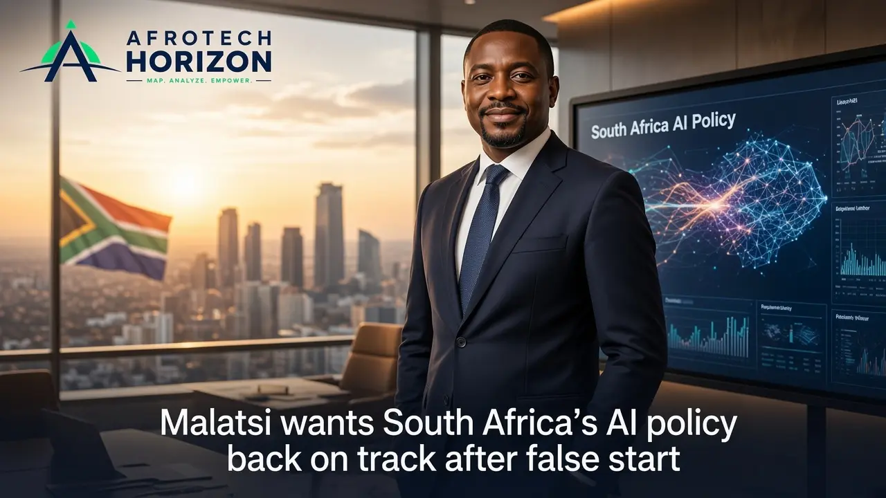 Editorial portrait of South Africa's Minister Solly Malatsi and an AI policy advisor reviewing national artificial intelligence governance metrics in front of an AfroTech Horizon l