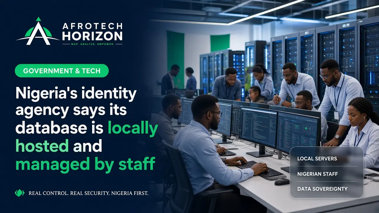 Editorial portrait of an identity agency director and database engineer reviewing local data hosting architecture and banking authentication flows in front of an AfroTech Horizon l