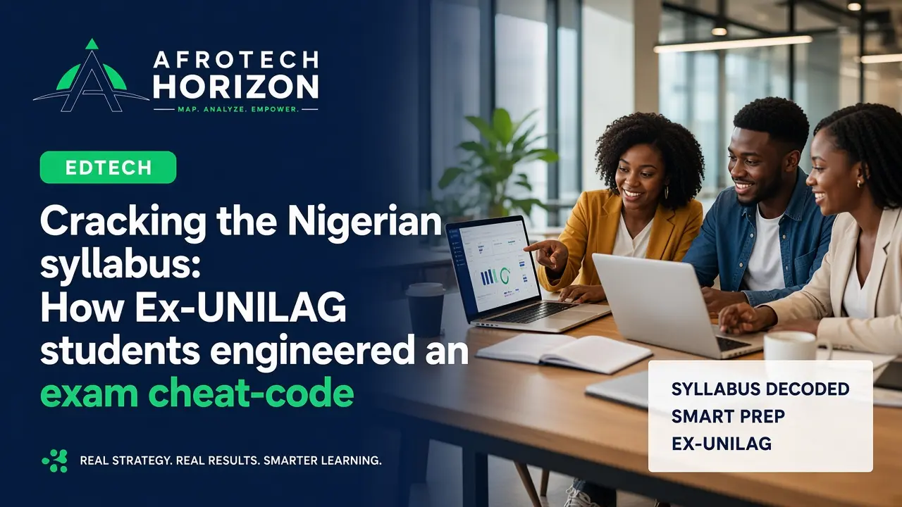 Editorial portrait of UniBeta AI co-founders Dare Adeola and Olamide Onigbanjo reviewing exam prep metrics and AI learning flows in front of an AfroTech Horizon logo and 'AI & EMER