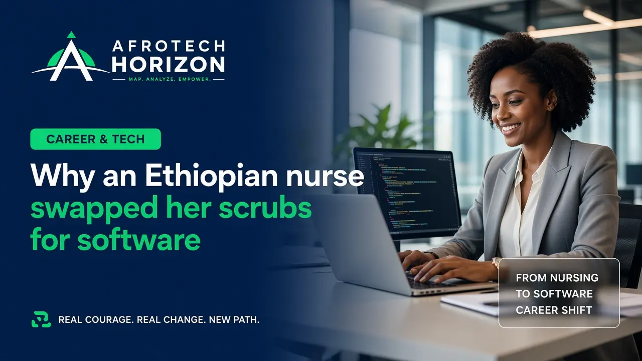 ALT Text: Editorial portrait of software engineer Betelhem Abebe and a lead developer reviewing healthtech code and payment flows in front of an AfroTech Horizon logo and 'DEVELOPE