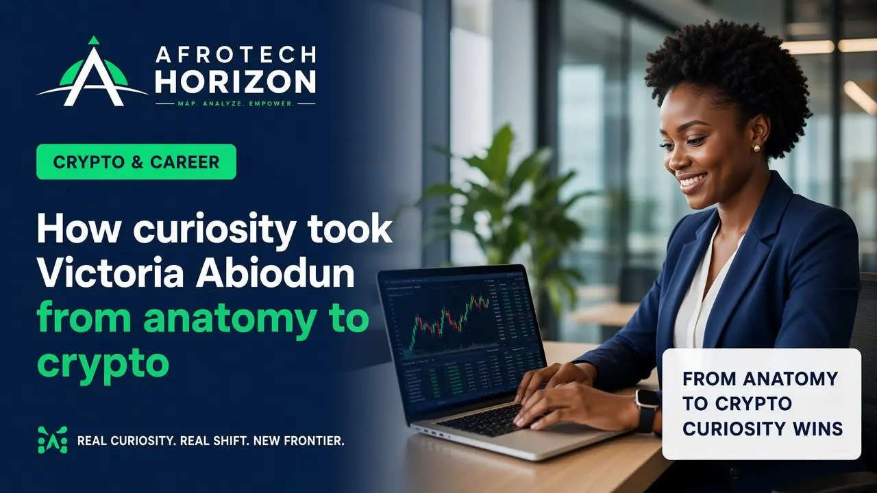 Editorial portrait of Web3 educator Victoria Abiodun and a software developer examining blockchain code and community metrics in front of an AfroTech Horizon logo and 'DEVELOPER CU