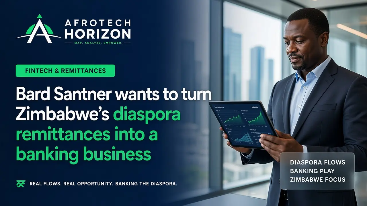 Editorial portrait of a banking executive and fintech analyst reviewing remittance flows and microfinance loan metrics in front of an AfroTech Horizon logo and 'STARTUPS & FUNDING'
