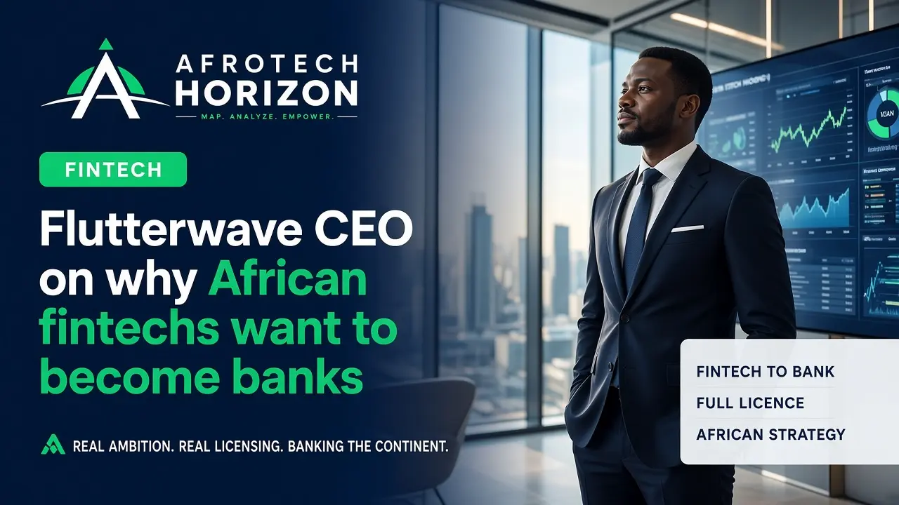 Editorial portrait of Flutterwave CEO Olugbenga Agboola and a regulatory officer examining banking license metrics and payment flows in front of an AfroTech Horizon logo and 'POLIC