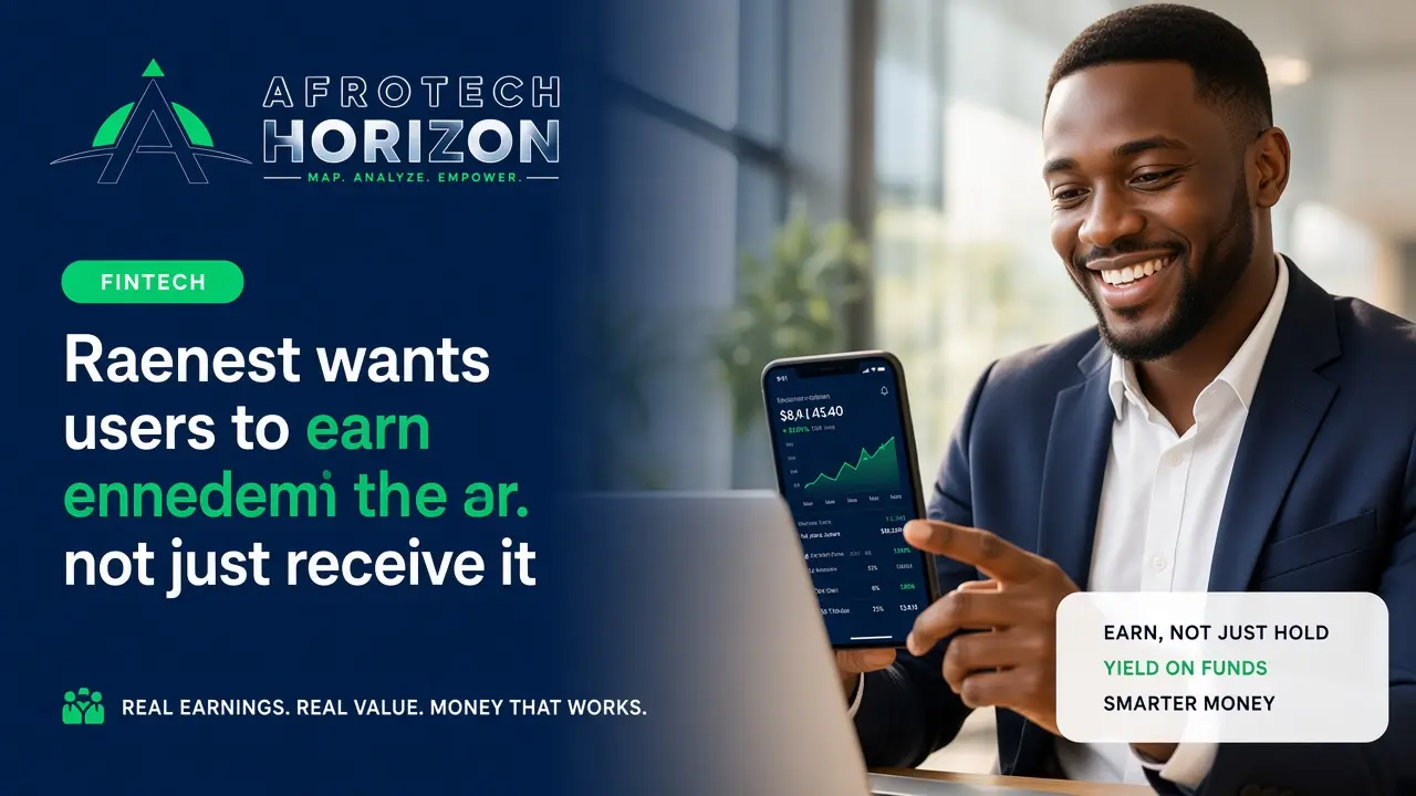 Editorial portrait of Raenest CEO Richard Oyome and a software engineer examining earnings metrics and stablecoin payment flows in front of an AfroTech Horizon logo and 'STARTUPS &